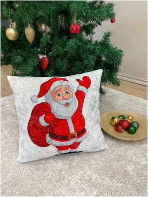 Woodhub Noel Baba Desen Kadife Kırlent Yastık Kılıfı (Açık Gri)