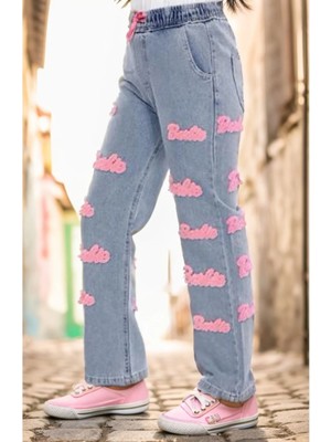 Pantulux Kız Çocuk Beli Lastikli Pamuk Barbie Nakış Işlemeli Kot Pantolon PNT-2037