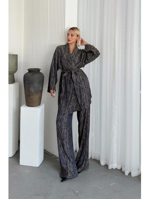 Desenli İpek Görünümlü Kimono İkili Takım LACİVERT 9251-TK