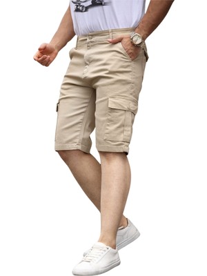 Domoda Slim Fit Erkek Kargo Şort Yandan Cepli Krem Renkli Esnek Kumaş Düz Desenli