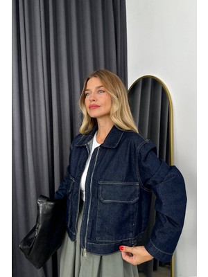 Lacivert Fermuarlı Denim Ceket