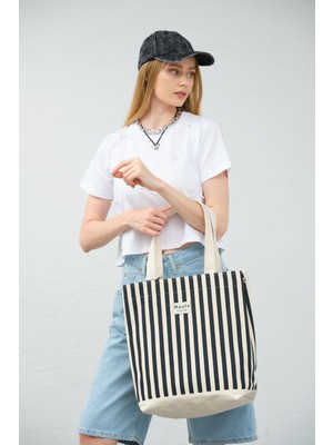 Maule 2'li Set Çizgili Kanvas %100 Pamuk Kadın Plaj & Günlük Omuz Çantası + Fermuarlı Küçük Çanta