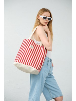 Maule 2'li Set Çizgili Kanvas %100 Pamuk Kadın Plaj & Günlük Omuz Çantası + Fermuarlı Küçük Çanta