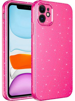 noktaks - Apple iPhone 11 - Kılıf Kamera Korumalı Simli Lüks Koton Kapak - Pembe Koyu - T23846