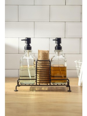 2'li Stantlı Paslanmaz Çelik Siyah Sıvı Sabunluk Deterjanlık Seti