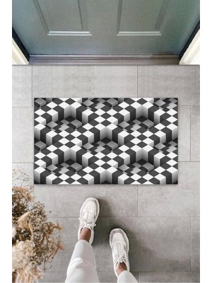 Miraxx Dijital D Kare Siyah-Beyaz Kapı Paspası Dış Mekan Paspas K-3161