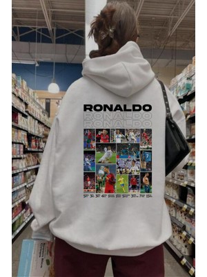 Ronaldo Baskılı Beyaz Kapşonlu Sweatshirt