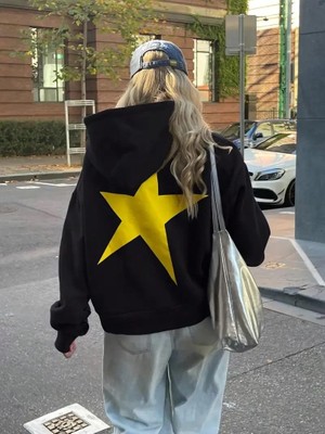 Touz Moda Y2K Star Baskılı Siyah Kapşonlu Sweatshirt
