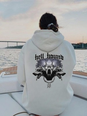 Touz Moda Hell Hound Baskılı Beyaz Kapşonlu Sweatshirt