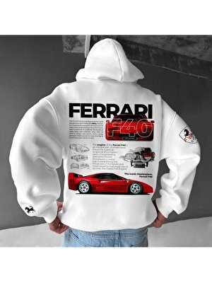 Ferrari Baskılı Beyaz Kapşonlu Sweatshirt