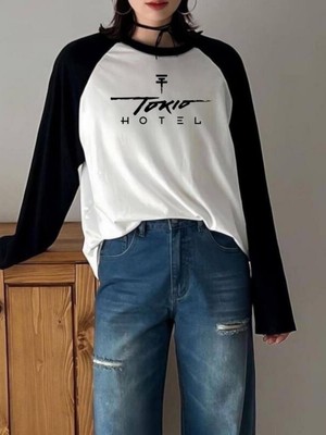 Touz Moda Tokio Hotel Reglan Uzun Kollu Baskılı Beyaz T-Shirt