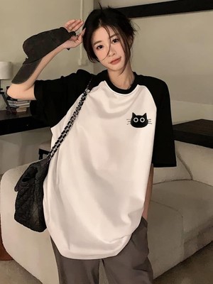Touz Moda Y2K Cute Cat Beyaz Reglan Kol Oversize T-Shirt