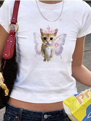 Touz Moda Kemer Boy Cute Cat Baskılı Crop Bluz