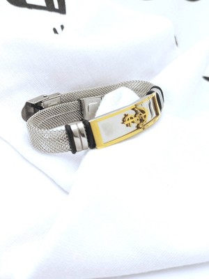 Herşey Nota Gemici Denizci Gold Renk Çapa Figürlü Hasır Kordonlu Paslanmaz Çelik Erkek Bileklik