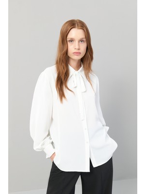 Yakası Bağlama Detaylı Uzun Kol Gömlek Ekru K2513514_049