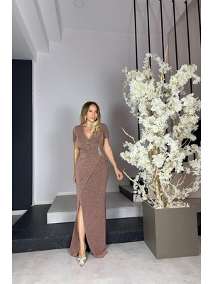 Ges Moda G1125 Taş Detaylı Maksi Abiye Elbise Bronz