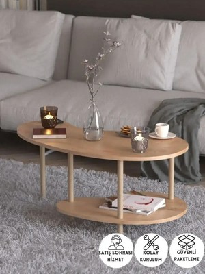 Peka Fasülye Orta Sehpa Ahşap Ayaklı Sehpa Iki Raflı Sehpa Dekoratif Sehpa Gazetelikli-Safir Meşe