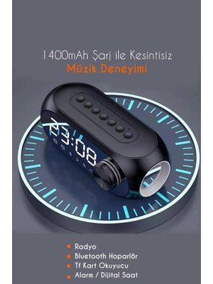 Alfalink Alarmlı Bluetooth Dijital Masa Saati Fm Radyo + TF Kart + Aux + Saat Alarm Hoparlör Şarjlı