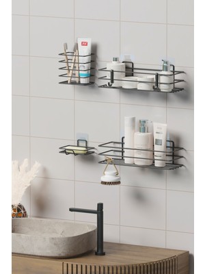 Yapışkanlı Banyo Seti Duş Rafı + Sabunluk + Diş Fırçalık Metal Set