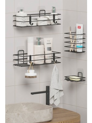 Yapışkanlı Banyo Seti Duş Rafı + Sabunluk + Diş Fırçalık Metal Set