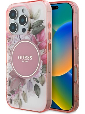 Guess iPhone 16 Pro Uyumlu Kılıf Guess Orjinal Lisanslı Magsafe Şarj Özellikli Flower Tonal Circle Pembe