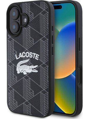 Lacoste iPhone 16 Uyumlu Kılıf Lacoste Orjinal Lisanslı Magsafe Şarj Özellikli Mono Vintage Logo Siyah