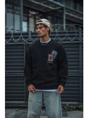 Uzun Kol Bisiklet Yaka Baskılı Sweatshirt - Siyah