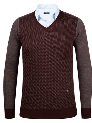 Çizgi Triko Erkek V Yaka Triko Kazak Desenli Kol ve Bel Lastikli Çelik Örgü Klasik Kalıp - 5010D