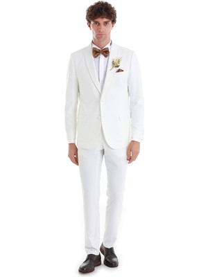 Beyaz Slim Fit Düz Çıkma Şal Yaka Smokin Damatlık