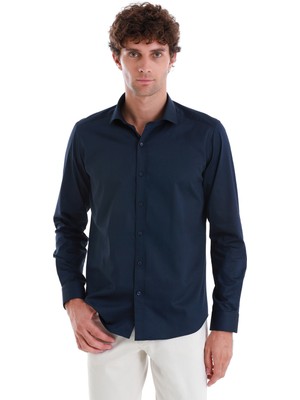 Lacivert Slim Fit Düz 100% Pamuk Açık Italyan Yaka Uzun Kollu Saten Gömlek