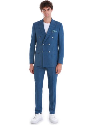 Mavi Slim Fit Çizgili Kruvaze Takım Elbise
