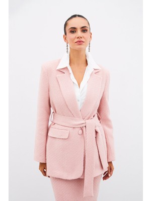 Kuşaklı Tüvit Ceket - Pudra