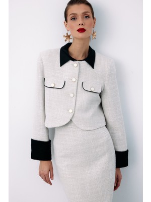 Kontrast Kısa Tüvit Ceket - Taş