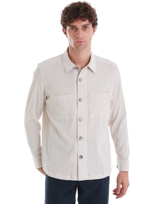Bej Klasik Fit Çizgili Uzun Kollu Overshirt Gömlek Ceket