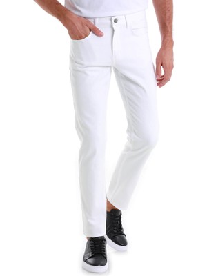 Beyaz Regular Fit Düz 5 Cep Pamuklu Kot Pantolon