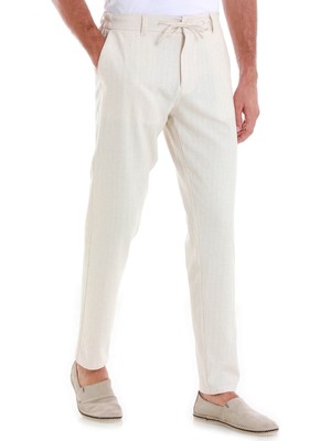Bej Dinamik Fit Desenli Yandan Cepli Keten Jogger Pantolon
