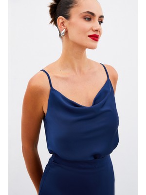 Degaje Yaka Saten Bluz - Lacivert