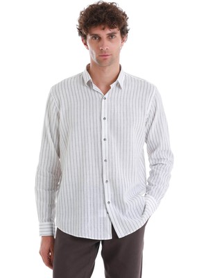 Gri Comfort Fit Çizgili Slim Yaka Uzun Kollu Keten Gömlek