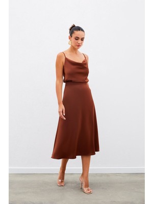 Midi Boy Saten Etek - Kahve