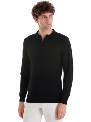 Siyah Regular Fit Jakarlı Polo Yaka Yünlü Triko Kazak