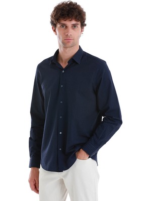 Lacivert Comfort Fit 100% Pamuk Slim Yaka Uzun Kollu Spor Gömlek