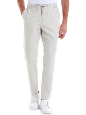 Bej Regular Fit Çizgili Yandan Cepli Keten Pantolon