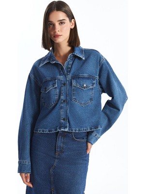 Düz Uzun Kollu Crop Kadın Jean Gömlek Ceket
