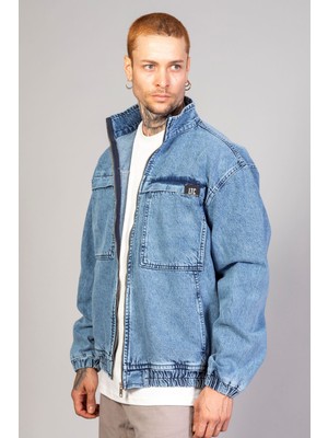 Little Cup Jeans Co Oversize Buz Mavi Yıkama Modelli Erkek Fermuarlı Bomber Kot Ceket %98 Pamuk Günlük Stil