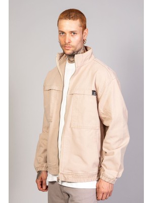 Oversize Bej Yıkamalı Modelli Erkek Fermuarlı Bomber Kot Ceket