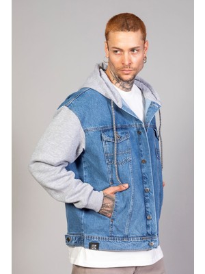 Erkek Oversize Buz Mavisi Kollar Polar Kapüşonlu Kot Ceket