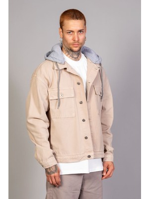 Little Cup Jeans Co Erkek Bej Oversize Ceket, Çıkarılabilir Kapüşon, Dokuma Kumaş ve Günlük Stil ile Tasarlandı