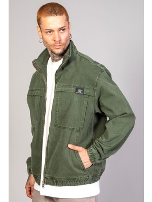 Oversize Haki Yıkamalı Modelli Erkek Fermuarlı Bomber Kot Ceket