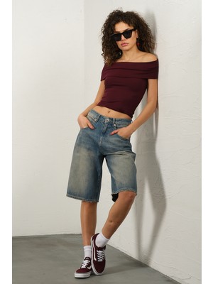 Domoda Düz Desenli Kadın Bol Kesim Jean Kot Şort Mavi Rahat Kalıp Günlük Kullanım İçin