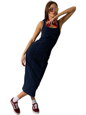 Maule Arka Fermuarlı Yırtmaçlı Geniş Askılı Jean Denim Maksi Kadın Elbise @berlin